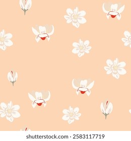Seamless floral pattern with white flowers on a peach background. Delicate flowers create a soft, elegant floral design. Perfect for floral-themed decor. Vector background with copy space.