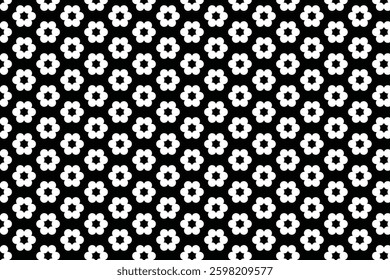 Seamless floral pattern with white flowers on a black background. Minimal and elegant botanical design, perfect for wallpapers, fabrics, packaging, and stationery.