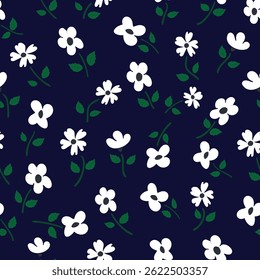 Seamless floral pattern with white flowers and green leaves on deep navy blue background, perfect for textile design, gift wrap or wallpaper, and digital use