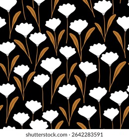 Seamless floral pattern with white flowers and golden brown leaves on black background. Could be used as texture, print, card, wallpaper. 