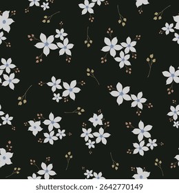 Seamless floral pattern with white flowers on dark olive background. perfect for fashion, decor, packaging, and surface print.