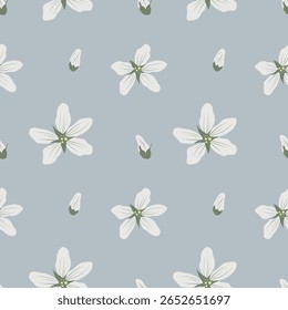 Padrão floral contínuo com flores brancas em um fundo cinza. Repetição de vetor floral para embalagem e tecido