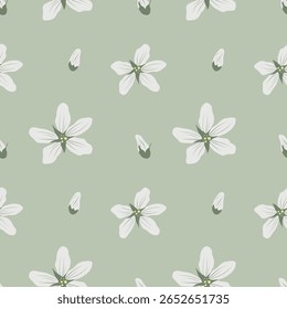 Padrão floral contínuo com flores brancas em um fundo verde. Repetição de vetor floral para embalagem e tecido