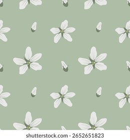 Padrão floral contínuo com flores brancas em um fundo verde. Repetição de vetor floral para tecido e embalagem