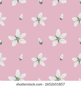 Padrão floral contínuo com flores brancas sobre um fundo rosa. Repetição de vetor floral para embalagem e tecido