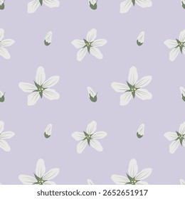 Padrão floral contínuo com flores brancas em um fundo violeta. Repetição de vetor floral para embalagem e tecido