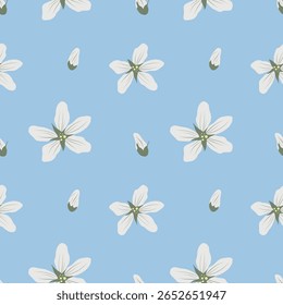 Padrão floral contínuo com flores brancas sobre um fundo azul. Repetição de vetor floral para tecido e embalagem