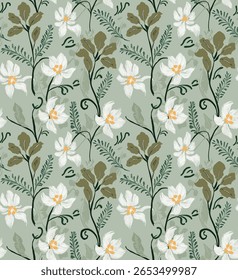 Seamless Floral Pattern With White Flowers and Green Foliage On A Pale Green Background