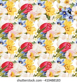 Patrón floral sin fisuras con flores blancas y tulipanes Vector Ilustración EPS8