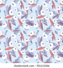 Seamless floral pattern with white flowers on the light blue background
