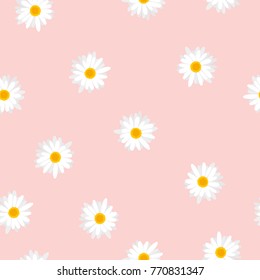 Seamless Floral Pattern White Flowers Daisy On Pink Background, Vector, Eps 10