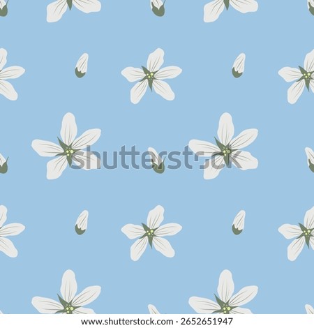 Seamless floral pattern with white flowers on a blue background. Floral vector repeat for fabric and packaging