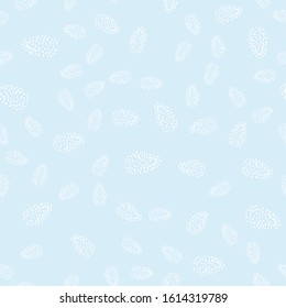 Seamless floral pattern of white fluffy buds on pastel blue. Vector repeating botanical light background of white spots for wallaper, backdrop, cover, textile, design, fashion, wrapping design.