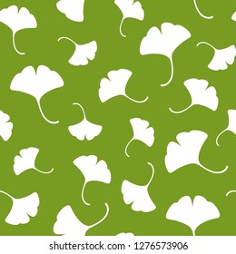 Seamless floral pattern white ginkgo biloba leaves. Floral texture on green background. Hand drawn shabby sprigs. For printing on fabric or paper. Vector illustration