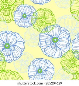 Seamless floral pattern with white and green poppy flowers on the yellow background. 