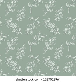 Seamless floral pattern with white hand drawn leaves on green background.