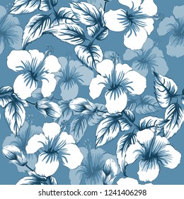 Seamless floral pattern white Hibiscus flowers on blue abstract background.Vector illustration watercolor hand drawn doodle.