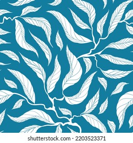 Patrón floral sin soldadura con hojas y ramitas blancas sobre un fondo azul cuadrado.  Se utiliza para imprimir en papel, tela, embalaje, papel pintado. Eps10.