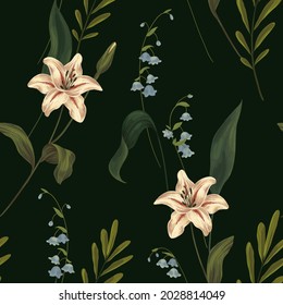Seamless floral pattern with white lily flowers. Botanical cover on a dark background. Vector.