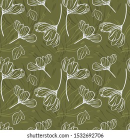 Seamless floral pattern with white lines and green background. Vector hand drawn illustration.