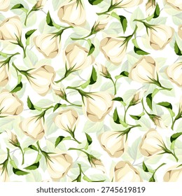 Seamless floral pattern with white lisianthus flowers and green leaves on a white background. Vector floral print. Hand-drawn illustration, not AI