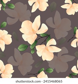 Seamless Floral Pattern. White Magnolias on Dark Background. Vector Illustration.