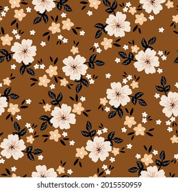 Seamless floral pattern of white and milky flowers. wonderful flowers, on a brown background. Stock vector for printing on surfaces and web design.