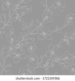 Seamless floral pattern with white outline branch with flowers cherry or apple blossom, buds, leaves on gray background. Blooming tree twigs sakura. Hand drawn.Vintage. Vector stock illustration.