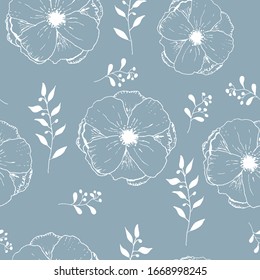 Seamless floral pattern of white outlined flowers and leaves on bluish gray. Vector repeating flower background for textile, fashion, wallpaper, print, cover, backdrop, banner, card, package design.