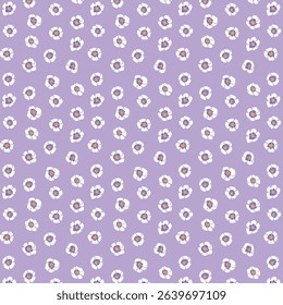 Seamless floral pattern with white pansy flowers on pastel purple background. Cute spring botanical design, perfect for fabric, wallpaper, packaging, stationery, textile, and digital projects.