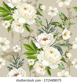 Patrón floral sin soldadura con peonías blancas y hierbas decorativas sobre fondo beige. Ilustración vectorial.