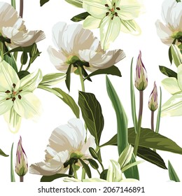 Seamless floral pattern, white peony and lily flowers on a white background. Design for wallpaper, fabric, wrapping paper, cover and more. 