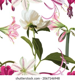Seamless floral pattern, white peony and lily flowers on a white background. Design for wallpaper, fabric, wrapping paper, cover and more. 