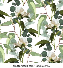 Seamless floral pattern, white peony flowers and eucalyptus on a white background. Design for wallpaper, fabric, wrapping paper, cover and more. 