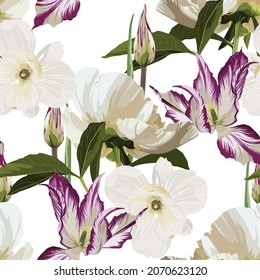 Seamless floral pattern, white peony, tulips and magnolia flowers on a white background. Design for wallpaper, fabric, wrapping paper, cover and more. 