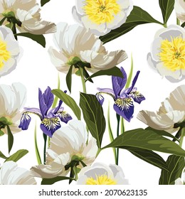 Seamless floral pattern, white peony and violet irys flowers on a white background. Design for wallpaper, fabric, wrapping paper, cover and more. 