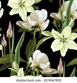 Seamless floral pattern, white peony and tulips, lilies flowers on a black background. Design for wallpaper, fabric, wrapping paper, cover and more. 