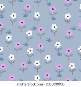 Seamless floral pattern with white and pink flowers and grass on a blue-gray background. Floral vector.