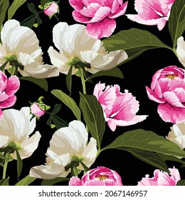 Patrón floral sin foco, flores de peonía rosada blanca sobre un fondo negro. Diseño de papel pintado, tela, papel envolvente, cubierta y más. 