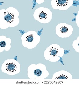 Seamless floral pattern with white poppies. Botanical texture. Vector illustration