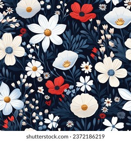 Seamless floral pattern of white and red flowers. Vector illustration of red and white flowers on a dark blue background.