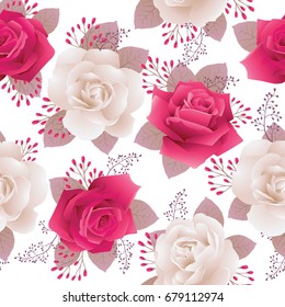 Seamless floral pattern with white and red roses.Background for web pages, wedding invitations, save the date cards. Flower vector background. EPS 10 vector.