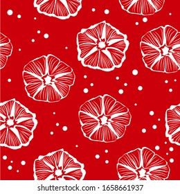 Seamless floral pattern with white silhouettes of tropical flowers on a red background. Flowers in a handmade style. For textile, wallpaper, interior fabric, packaging, bedding. Vector illustration