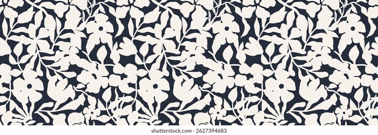 Seamless floral pattern with white silhouettes of flowers and leaves on a black background. Elegant botanical design for fabric, wallpaper, packaging, digital projects. Modern monochrome illustration