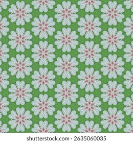 Nahtloses Blumenmuster, weißer Ton gibt ein sauberes, sanftes und frisches Gefühl, grüner Hintergrund fügt eine natürliche Atmosphäre von blühenden Blumen, Schaffung einer entspannenden Stimmung.