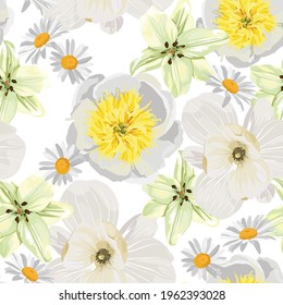 Nahtlose Blumenmuster mit weißer tropischer Magnolia, Lilien und Peronenblumen auf weißem Hintergrund. Vorlagendesign für Textilien, Innenausstattung, Kleidung, Tapeten. Botanische Kunst. 