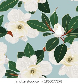 Seamless floral pattern with white tropical magnolia flowers with leaves on vintage blue background. Template design for textiles, interior, clothes, wallpaper. Botanical art. Engraving style.