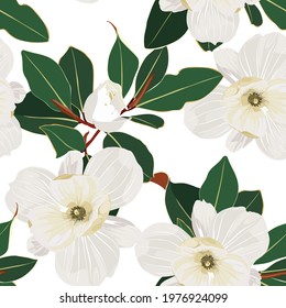 Seamless floral pattern with white tropical magnolia flowers with leaves on white background. Template design for textiles, interior, clothes, wallpaper. Botanical art. Engraving style.