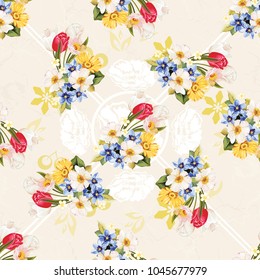 Patrón floral sin fisuras blanco y tulipán Vector Ilustración