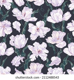 Patrón floral sin soldadura con tulipanes blancos, tipo inusual cruzado con iris. Dibujado a mano, alto realismo, vector, flores primavera para tela, impresiones, pantallas de escritorio, tarjetas de invitación.